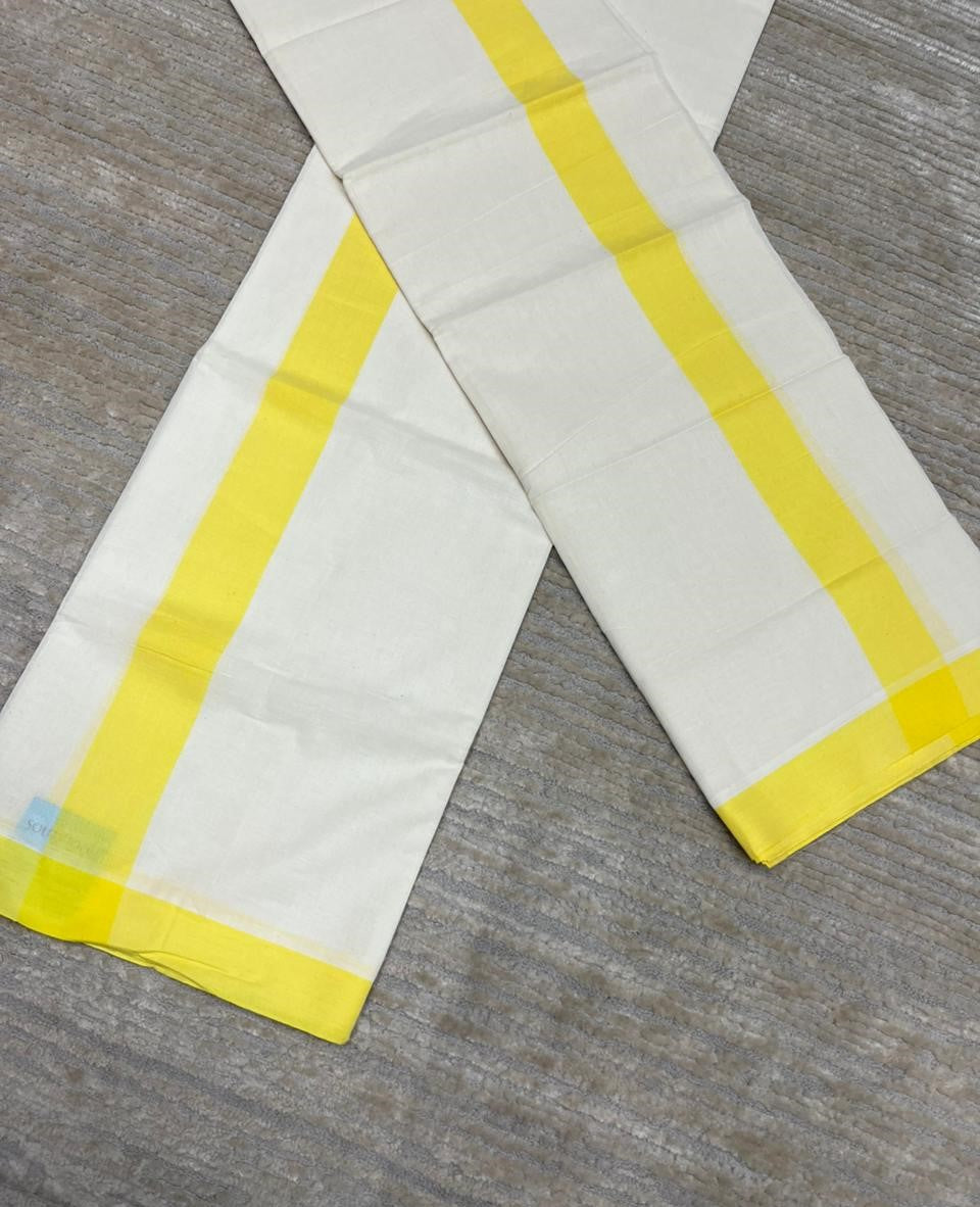 Southloom Pure Cotton Kerala Single Mulloth Set Mundu (Mundum Neriyathum) Yellow Border in 2.80 mtrs SL270