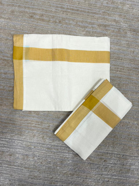 Southloom Pure Cotton Kerala Single Mulloth Set Mundu (Mundum Neriyathum) Mustard Yellow Border in 2.80 mtrs SL270