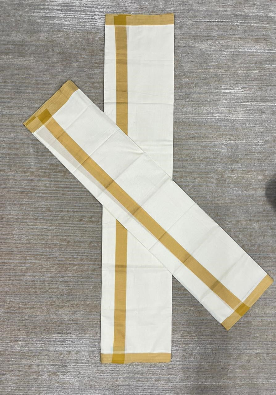 Southloom Pure Cotton Kerala Single Mulloth Set Mundu (Mundum Neriyathum) Mustard Yellow Border in 2.80 mtrs SL270
