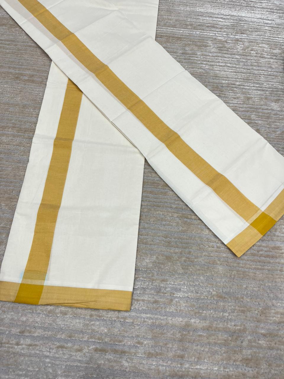 Southloom Pure Cotton Kerala Single Mulloth Set Mundu (Mundum Neriyathum) Mustard Yellow Border in 2.80 mtrs SL270