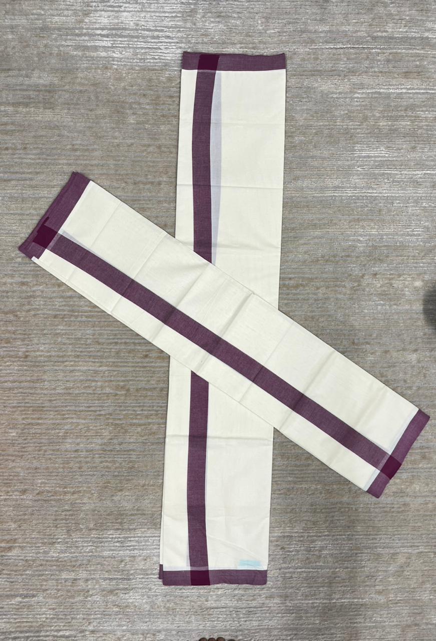 Southloom Pure Cotton Kerala Single Mulloth Set Mundu (Mundum Neriyathum) Purple Border in 2.80 mtrs SL270