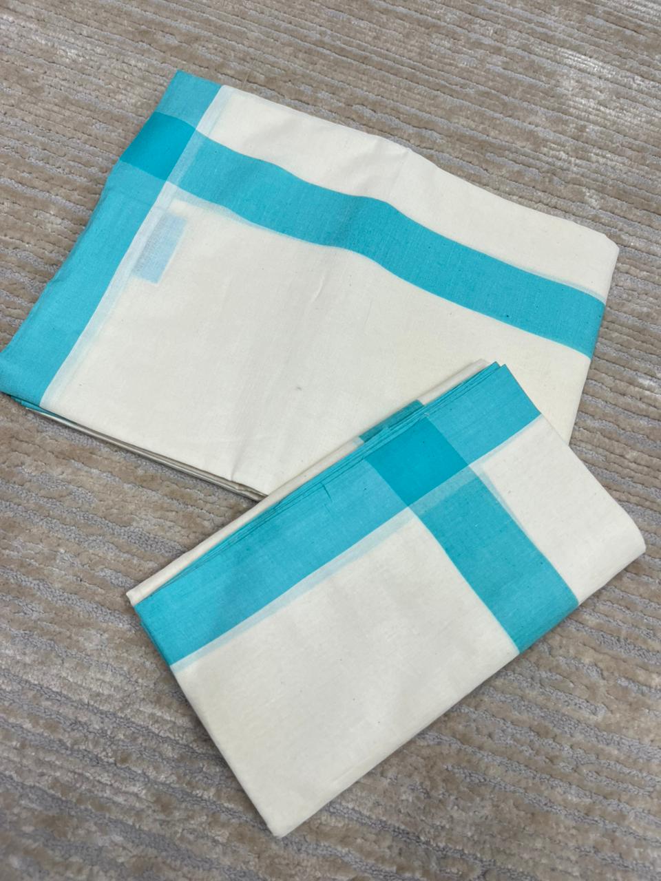 Southloom Pure Cotton Kerala Single Mulloth Set Mundu (Mundum Neriyathum) Turquoise Border in 2.80 mtrs SL270