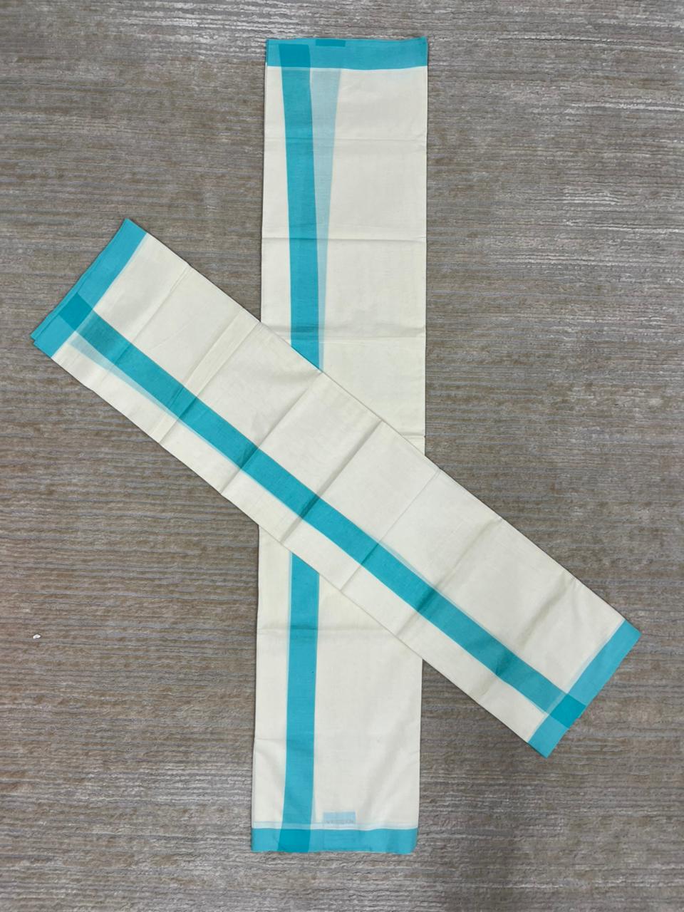 Southloom Pure Cotton Kerala Single Mulloth Set Mundu (Mundum Neriyathum) Turquoise Border in 2.80 mtrs SL270