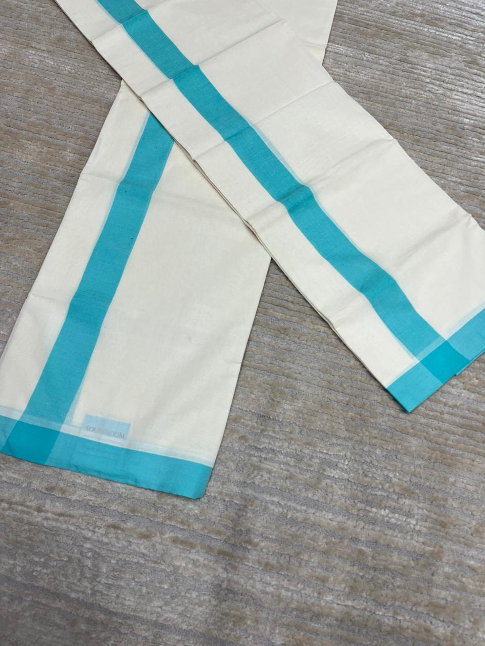 Southloom Pure Cotton Kerala Single Mulloth Set Mundu (Mundum Neriyathum) Turquoise Border in 2.80 mtrs SL270