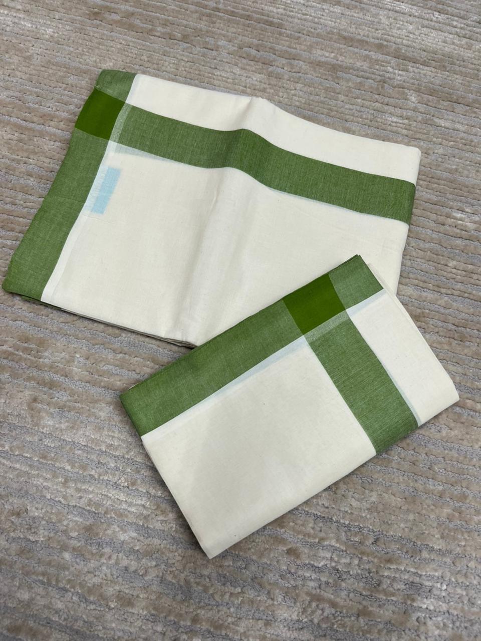 Southloom Pure Cotton Kerala Single Mulloth Set Mundu (Mundum Neriyathum) Olive Green Border in 2.80 mtrs SL270