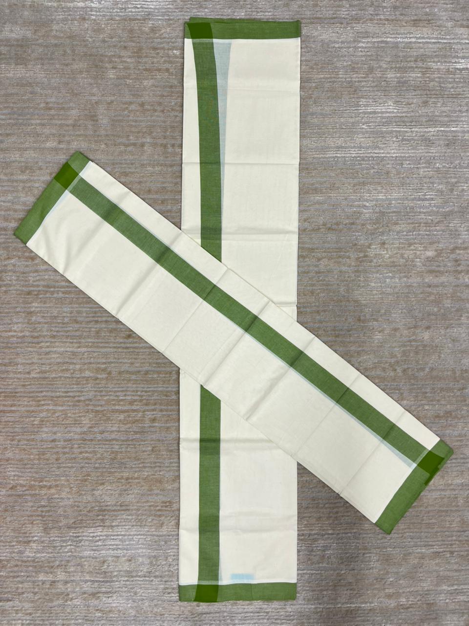 Southloom Pure Cotton Kerala Single Mulloth Set Mundu (Mundum Neriyathum) Olive Green Border in 2.80 mtrs SL270