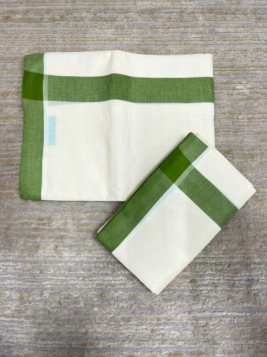 Southloom Pure Cotton Kerala Single Mulloth Set Mundu (Mundum Neriyathum) Olive Green Border in 2.80 mtrs SL270
