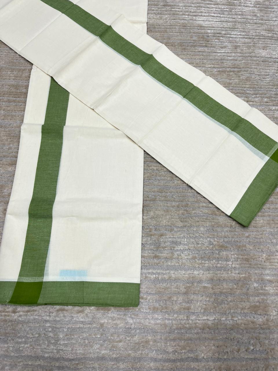 Southloom Pure Cotton Kerala Single Mulloth Set Mundu (Mundum Neriyathum) Olive Green Border in 2.80 mtrs SL270