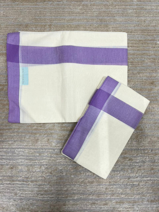 Southloom Pure Cotton Kerala Single Mulloth Set Mundu (Mundum Neriyathum) Lavender Border in 2.80 mtrs SL270
