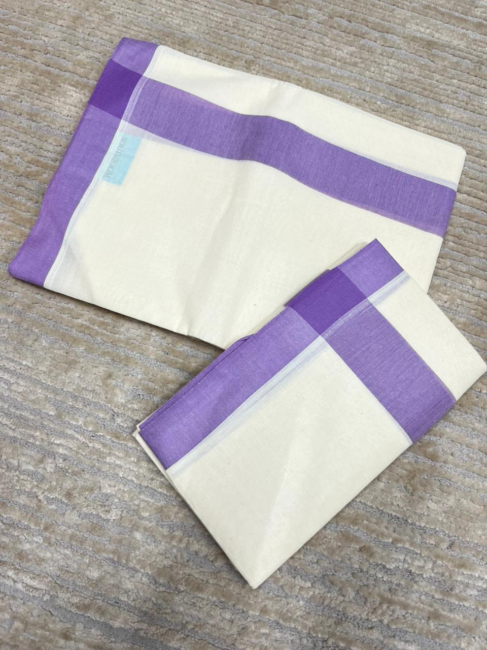 Southloom Pure Cotton Kerala Single Mulloth Set Mundu (Mundum Neriyathum) Lavender Border in 2.80 mtrs SL270