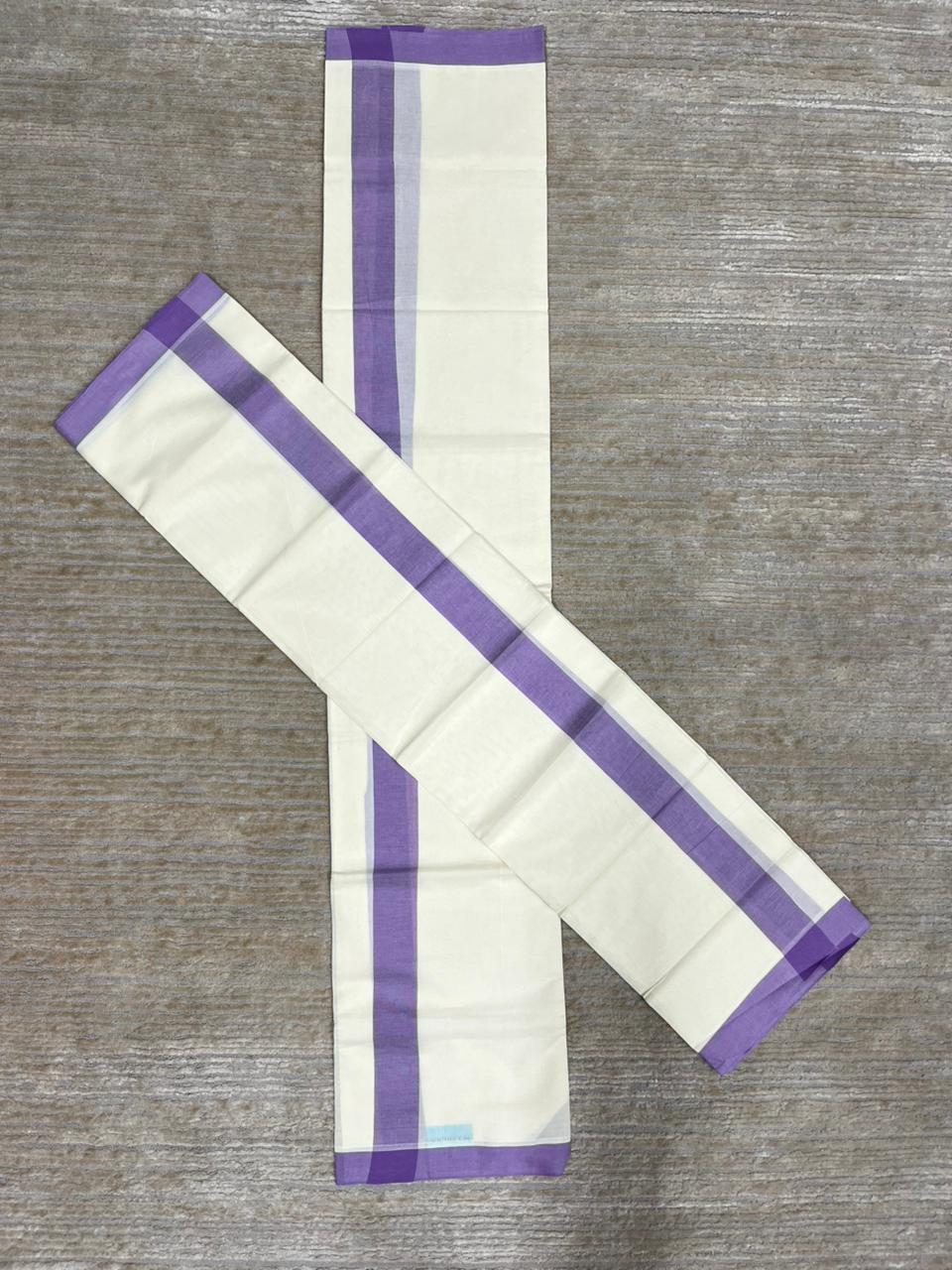 Southloom Pure Cotton Kerala Single Mulloth Set Mundu (Mundum Neriyathum) Lavender Border in 2.80 mtrs SL270
