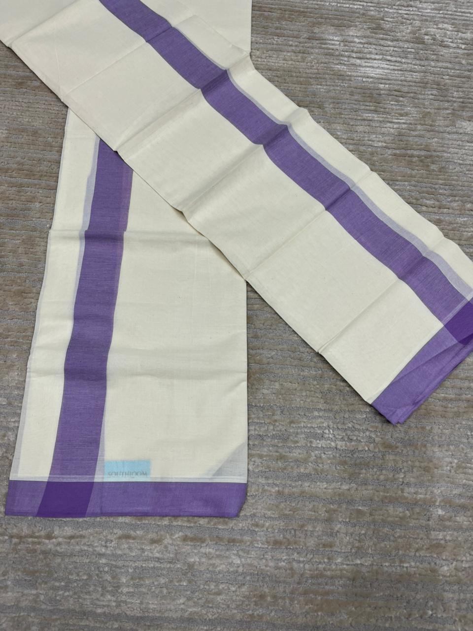 Southloom Pure Cotton Kerala Single Mulloth Set Mundu (Mundum Neriyathum) Lavender Border in 2.80 mtrs SL270