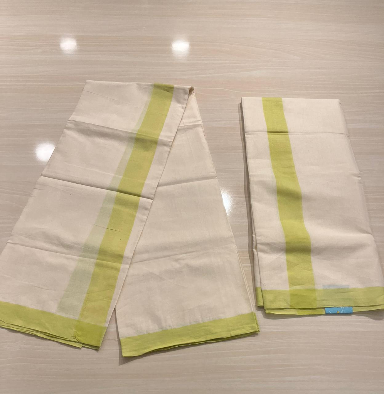 Southloom Pure Cotton Kerala Single Mulloth Set Mundu (Mundum Neriyathum) Lime Green Border in 2.80 mtrs SL270
