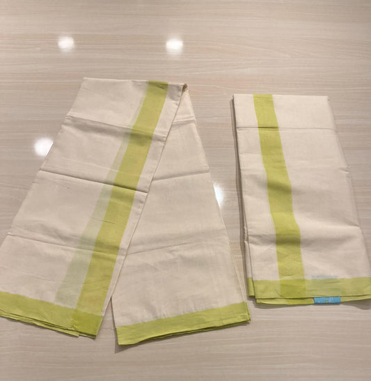 Southloom Pure Cotton Kerala Single Mulloth Set Mundu (Mundum Neriyathum) Lime Green Border in 2.80 mtrs SL270