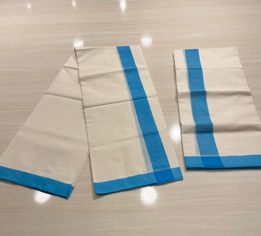 Southloom Pure Cotton Kerala Single Mulloth Set Mundu (Mundum Neriyathum) Blue Border in 2.80 mtrs SL270