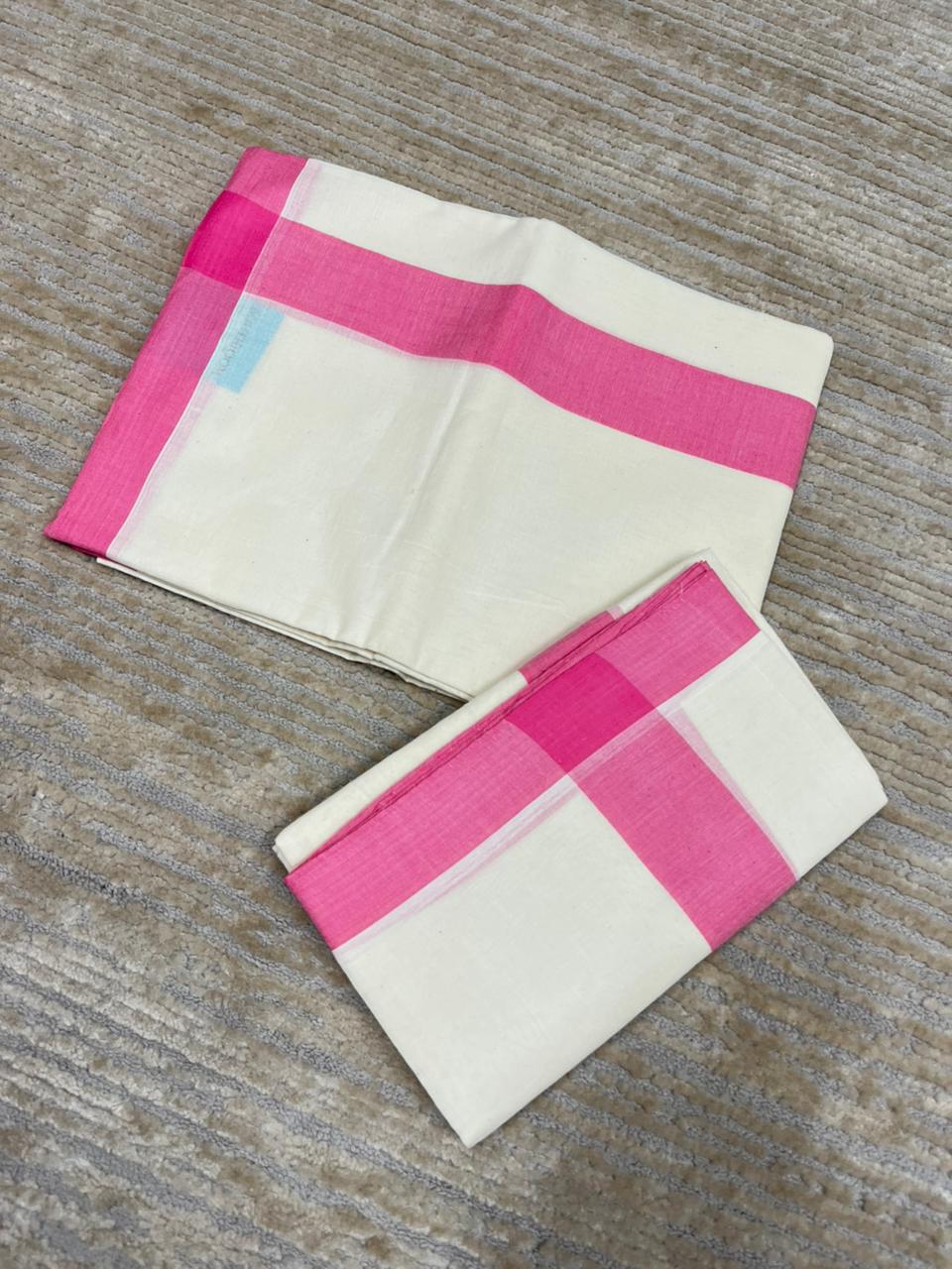 Southloom Pure Cotton Kerala Single Mulloth Set Mundu (Mundum Neriyathum) Pink Border in 2.80 mtrs SL270