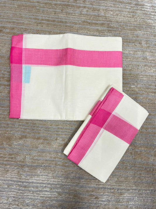 Southloom Pure Cotton Kerala Single Mulloth Set Mundu (Mundum Neriyathum) Pink Border in 2.80 mtrs SL270