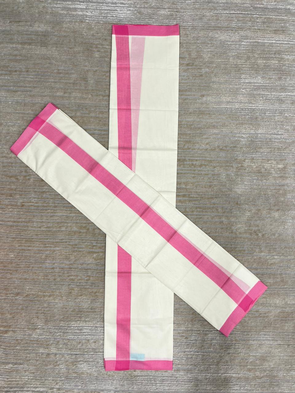 Southloom Pure Cotton Kerala Single Mulloth Set Mundu (Mundum Neriyathum) Pink Border in 2.80 mtrs SL270