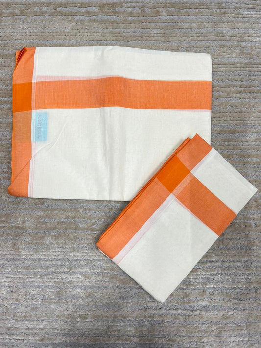 Southloom Pure Cotton Kerala Single Mulloth Set Mundu (Mundum Neriyathum) Orange Border in 2.80 mtrs SL270