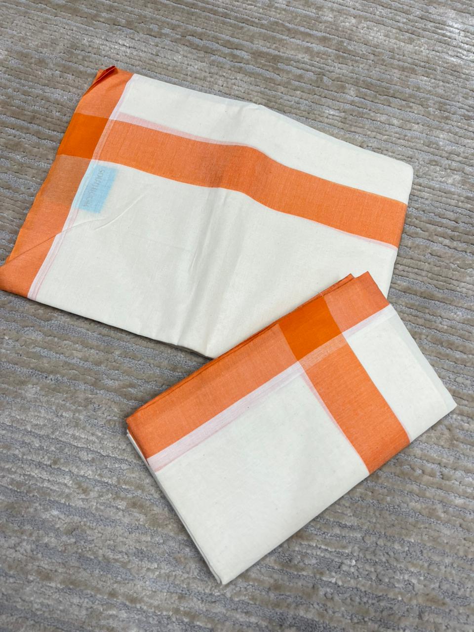 Southloom Pure Cotton Kerala Single Mulloth Set Mundu (Mundum Neriyathum) Orange Border in 2.80 mtrs SL270