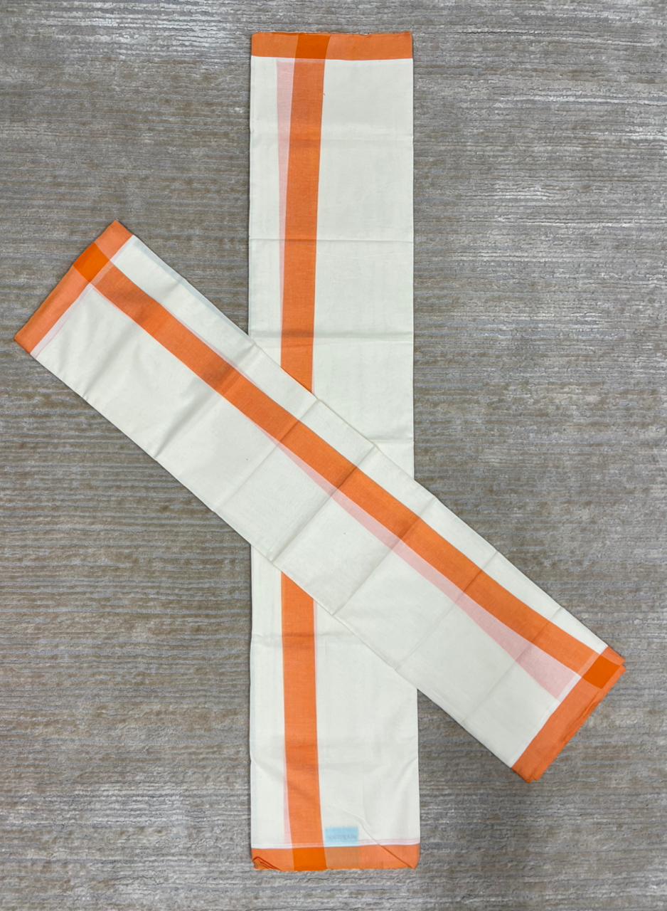 Southloom Pure Cotton Kerala Single Mulloth Set Mundu (Mundum Neriyathum) Orange Border in 2.80 mtrs SL270