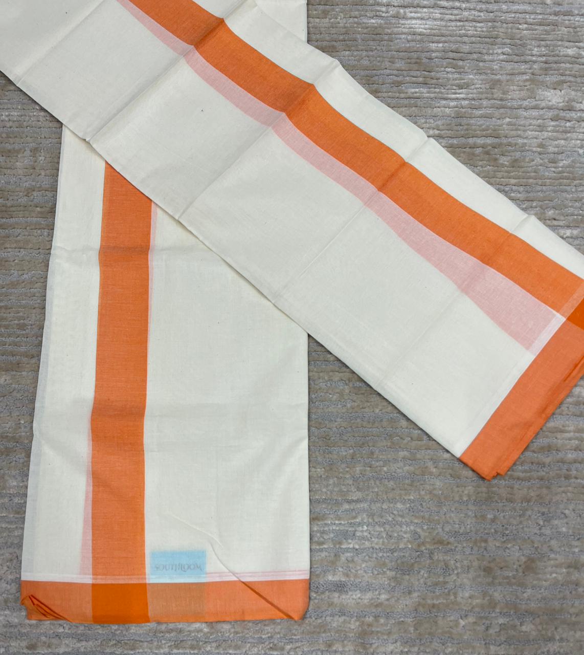 Southloom Pure Cotton Kerala Single Mulloth Set Mundu (Mundum Neriyathum) Orange Border in 2.80 mtrs SL270