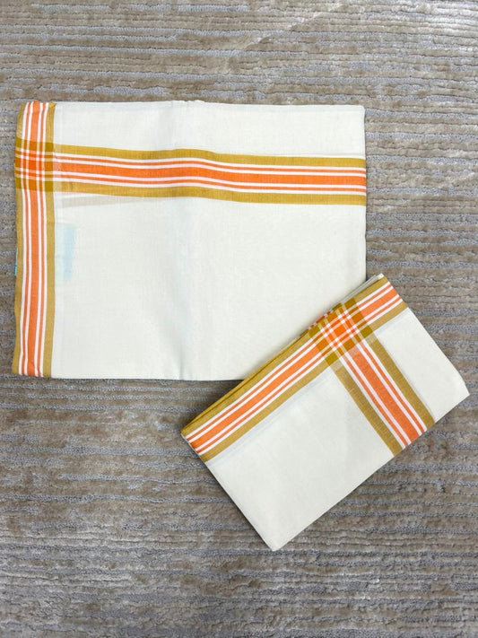 Southloom Pure Cotton Kerala Single Mulloth Set Mundu (Mundum Neriyathum) Orange And Mustard Yellow Border in 2.80 mtrs SL243