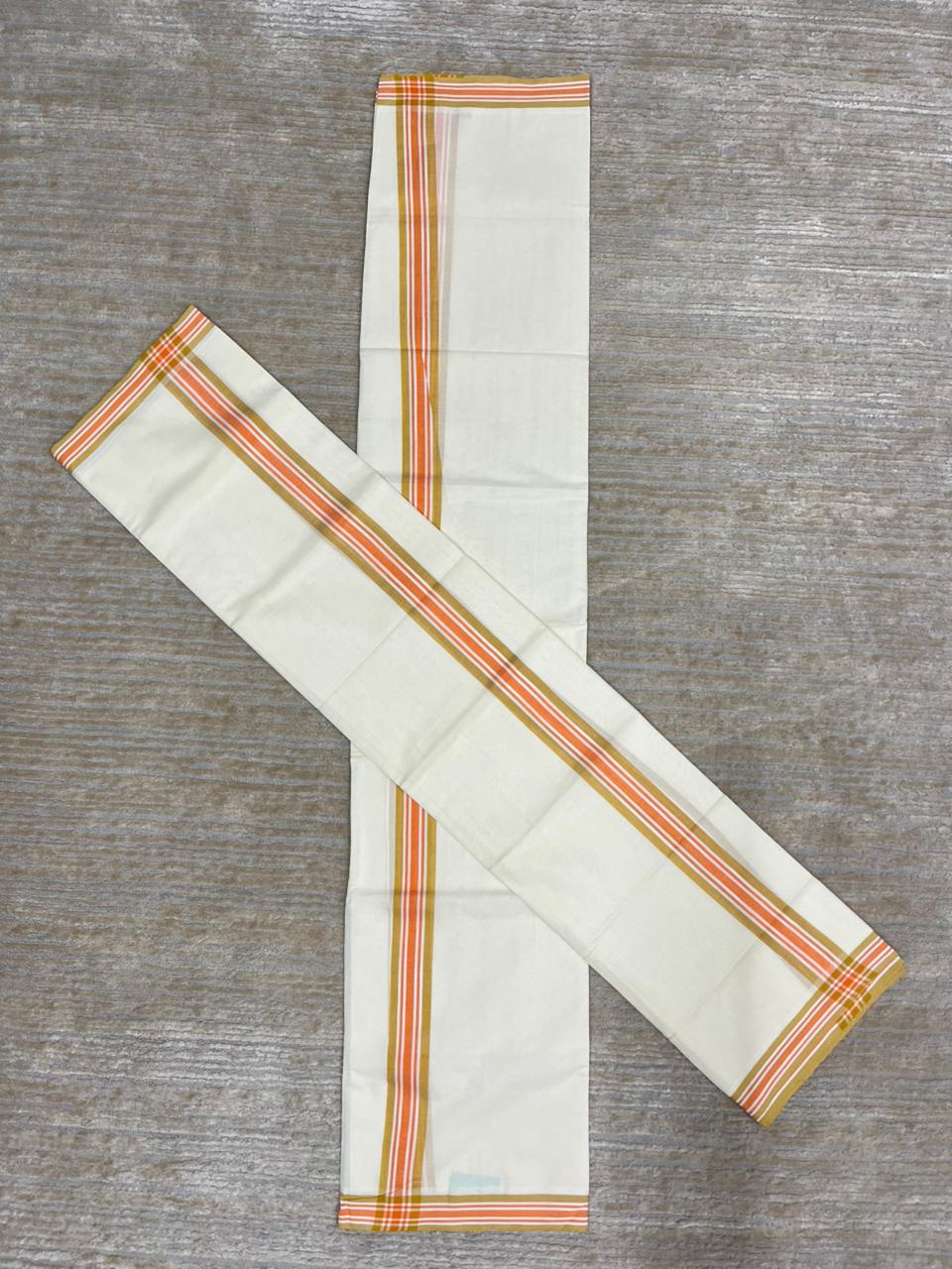 Southloom Pure Cotton Kerala Single Mulloth Set Mundu (Mundum Neriyathum) Orange And Mustard Yellow Border in 2.80 mtrs SL243