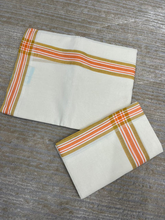 Southloom Pure Cotton Kerala Single Mulloth Set Mundu (Mundum Neriyathum) Orange And Mustard Yellow Border in 2.80 mtrs SL243