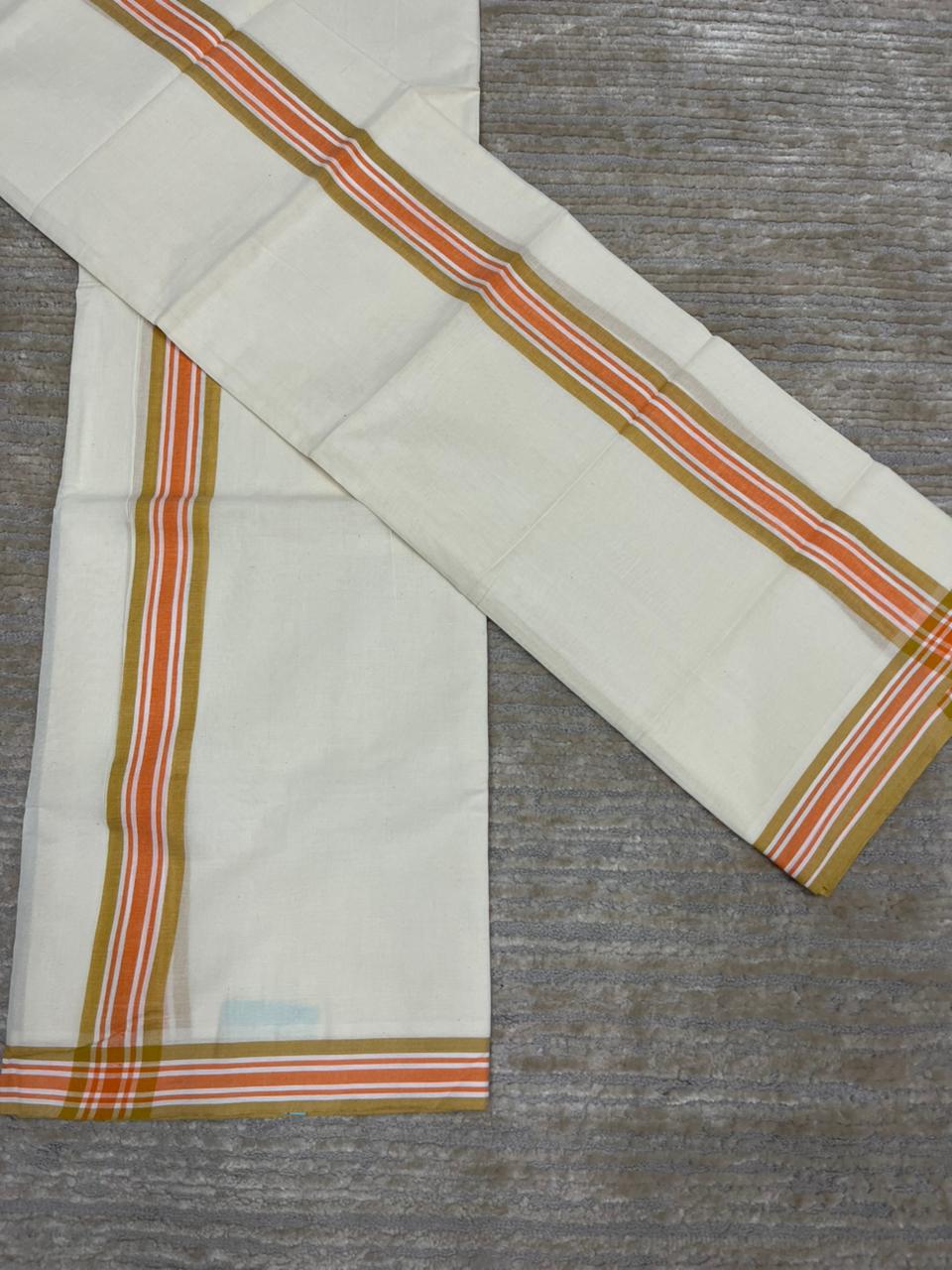 Southloom Pure Cotton Kerala Single Mulloth Set Mundu (Mundum Neriyathum) Orange And Mustard Yellow Border in 2.80 mtrs SL243