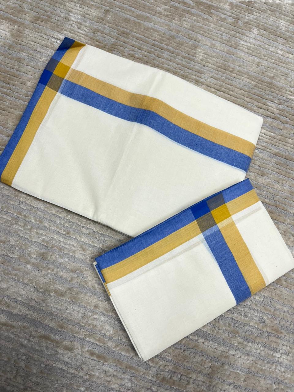 Southloom Pure Cotton Kerala Single Mulloth Set Mundu (Mundum Neriyathum) Blue And Mustard Yellow Border in 2.80 mtrs SL243