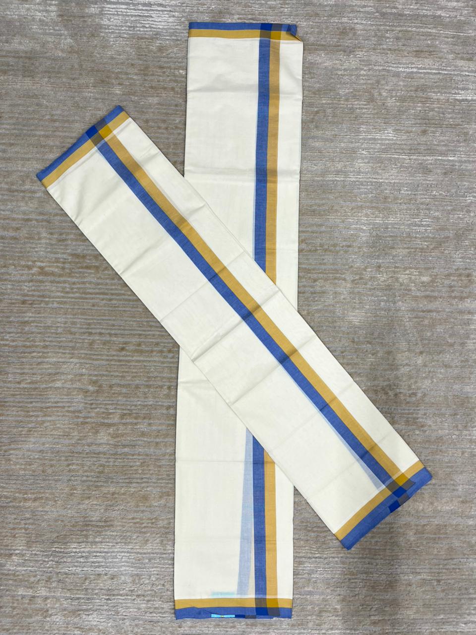 Southloom Pure Cotton Kerala Single Mulloth Set Mundu (Mundum Neriyathum) Blue And Mustard Yellow Border in 2.80 mtrs SL243