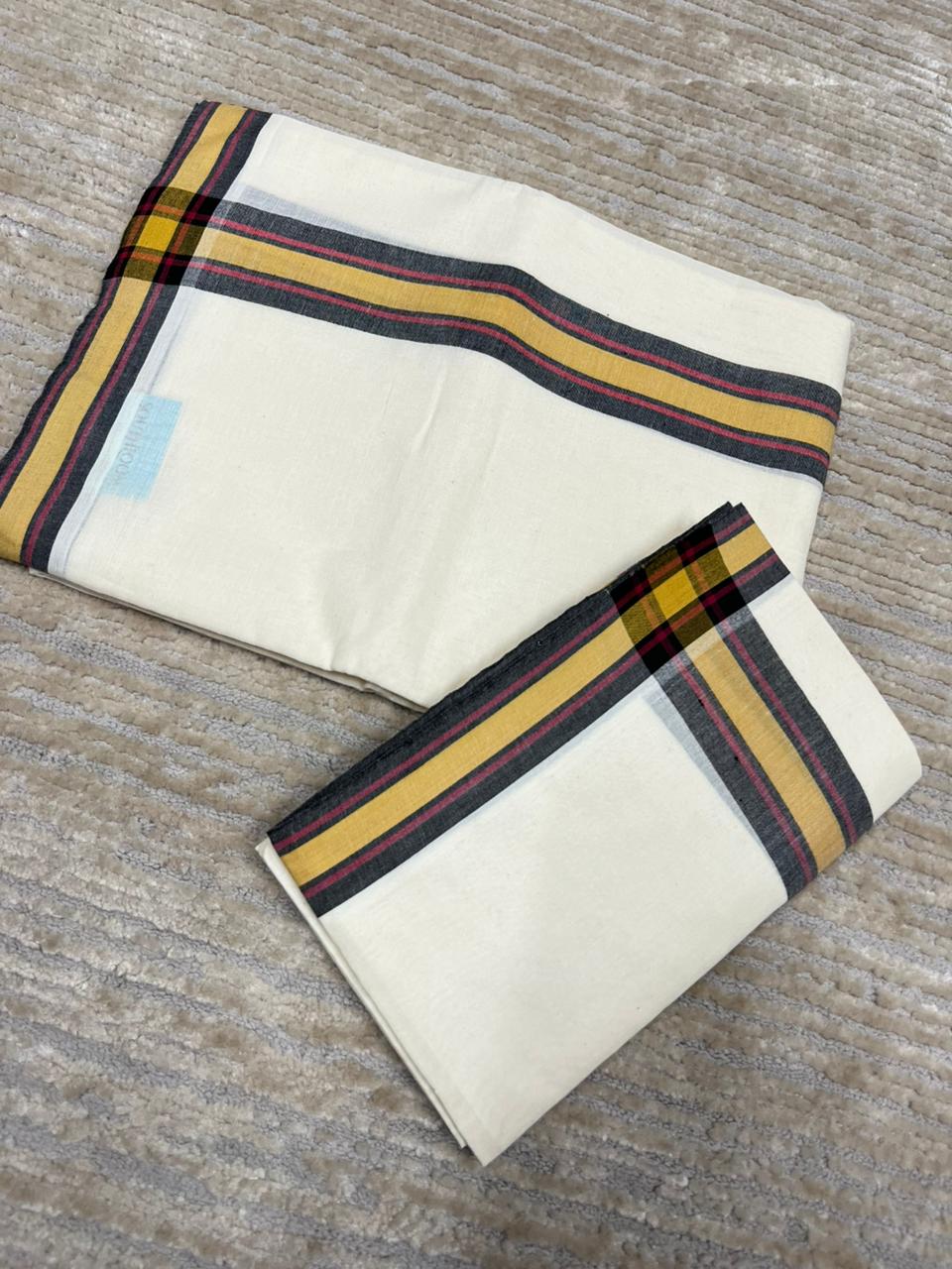 Southloom Pure Cotton Kerala Single Mulloth Set Mundu (Mundum Neriyathum) Black And Yellow Border in 2.80 mtrs SL243