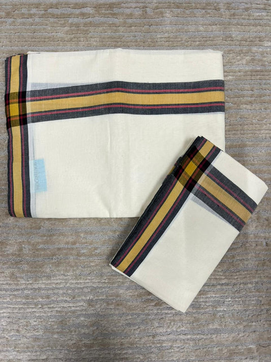 Southloom Pure Cotton Kerala Single Mulloth Set Mundu (Mundum Neriyathum) Black And Yellow Border in 2.80 mtrs SL243
