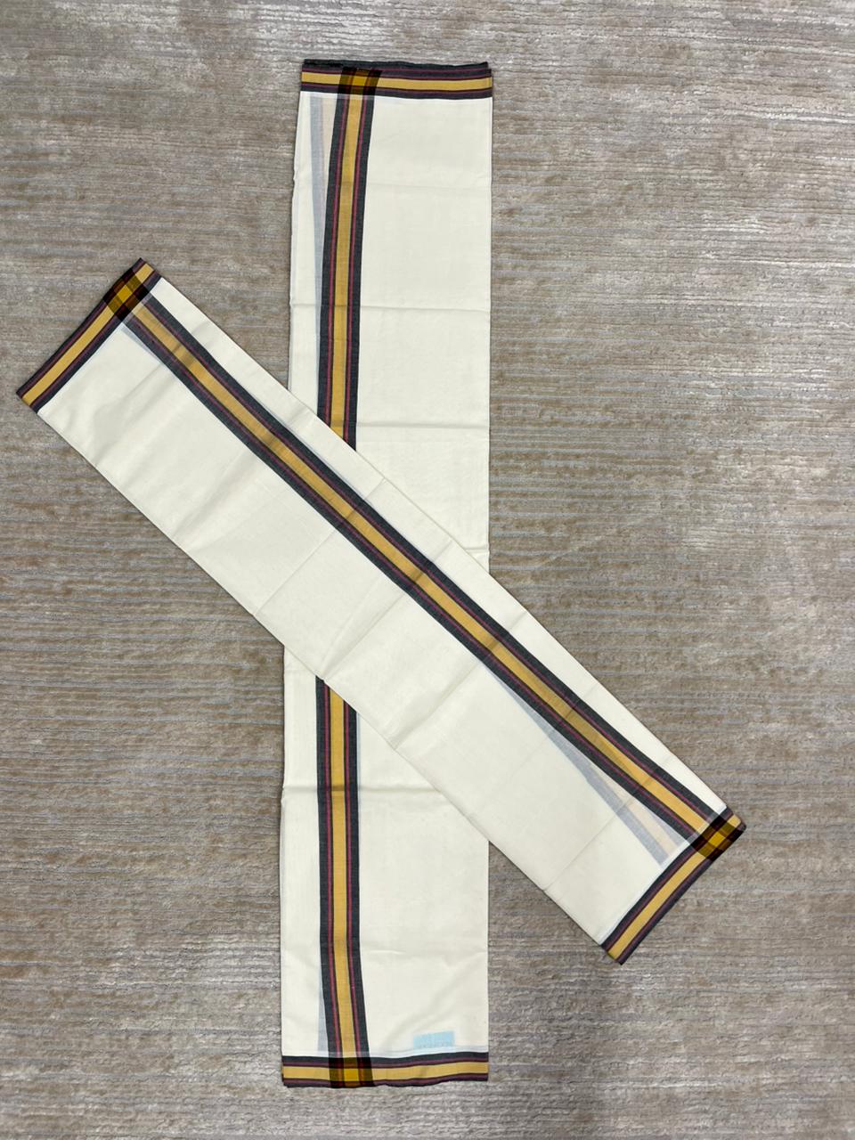 Southloom Pure Cotton Kerala Single Mulloth Set Mundu (Mundum Neriyathum) Black And Yellow Border in 2.80 mtrs SL243