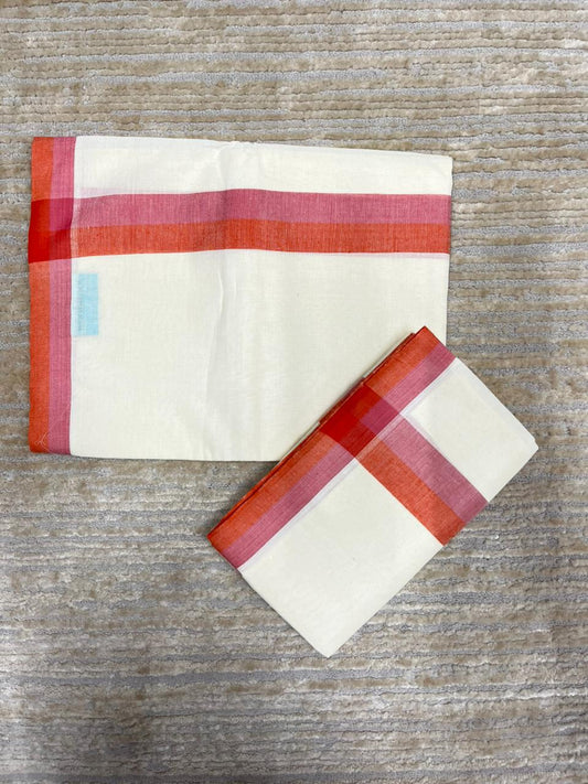 Southloom Pure Cotton Kerala Single Mulloth Set Mundu (Mundum Neriyathum) Peach And Orange Border in 2.80 mtrs SL243