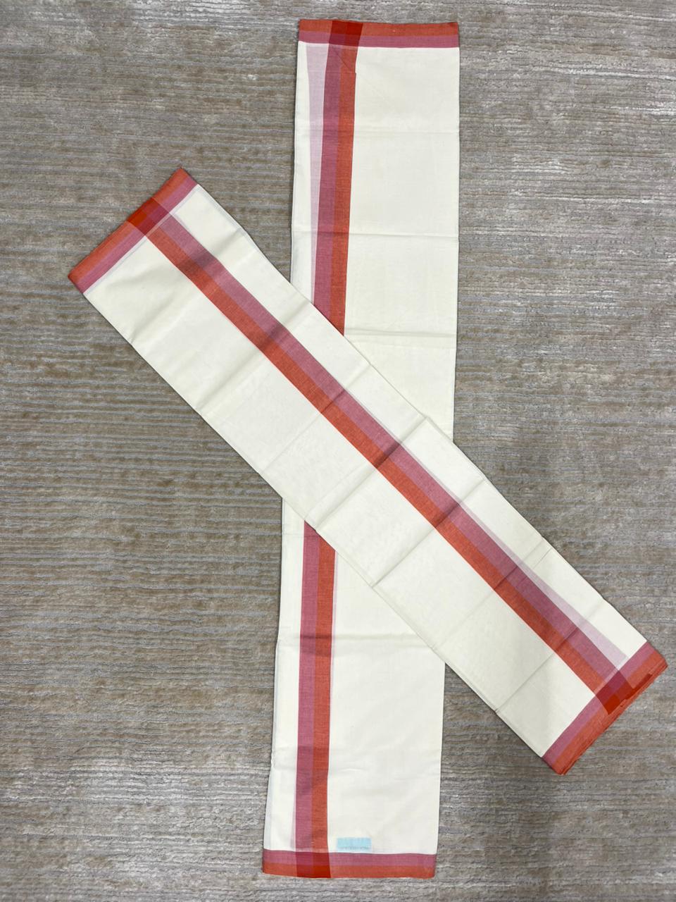 Southloom Pure Cotton Kerala Single Mulloth Set Mundu (Mundum Neriyathum) Peach And Orange Border in 2.80 mtrs SL243
