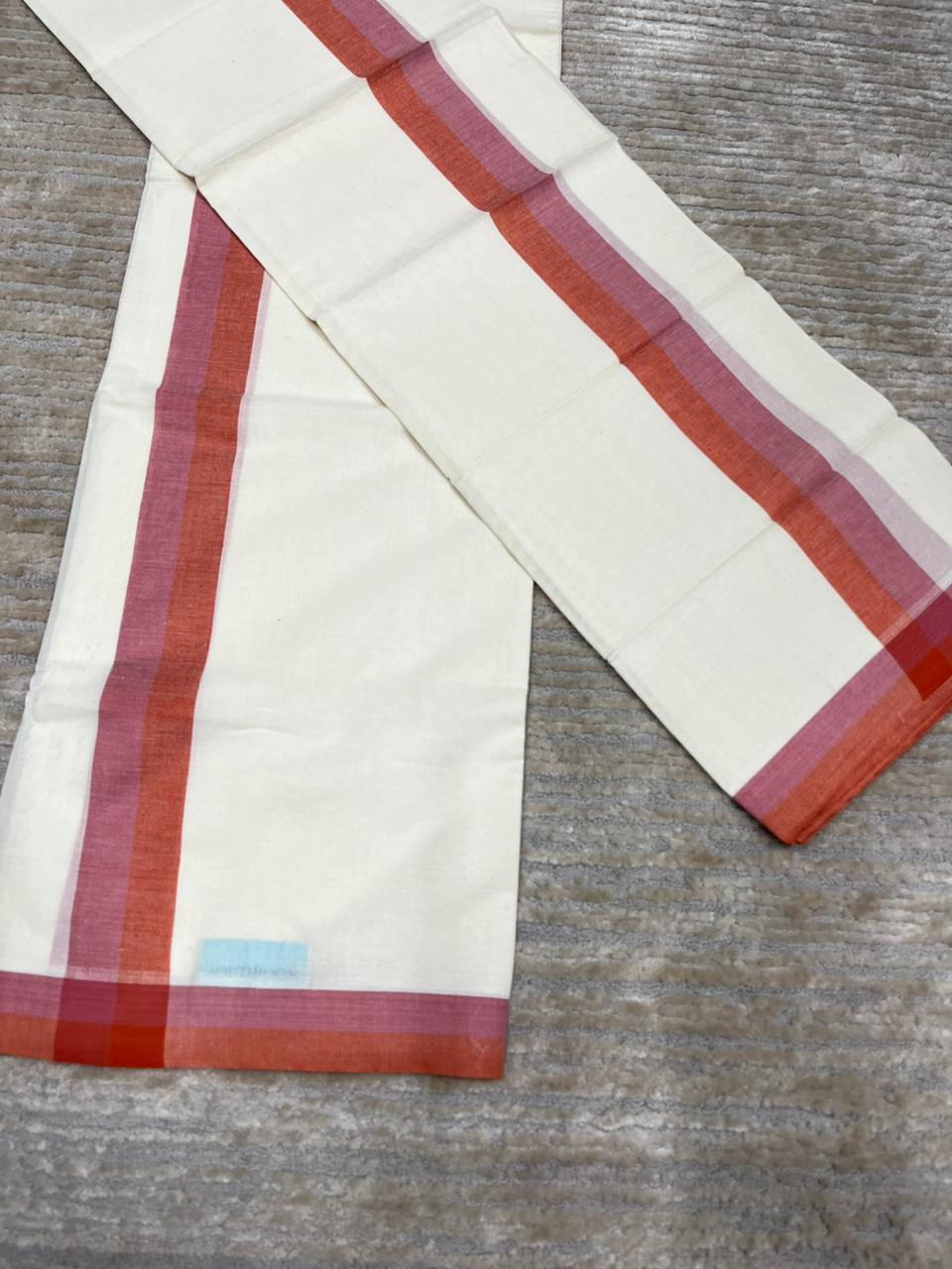 Southloom Pure Cotton Kerala Single Mulloth Set Mundu (Mundum Neriyathum) Peach And Orange Border in 2.80 mtrs SL243