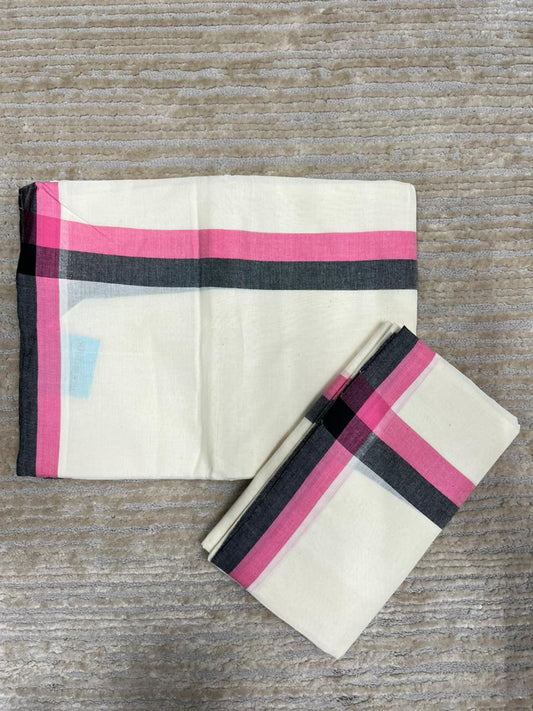 Southloom Pure Cotton Kerala Single Mulloth Set Mundu (Mundum Neriyathum) Pink And Black Border in 2.80 mtrs SL243