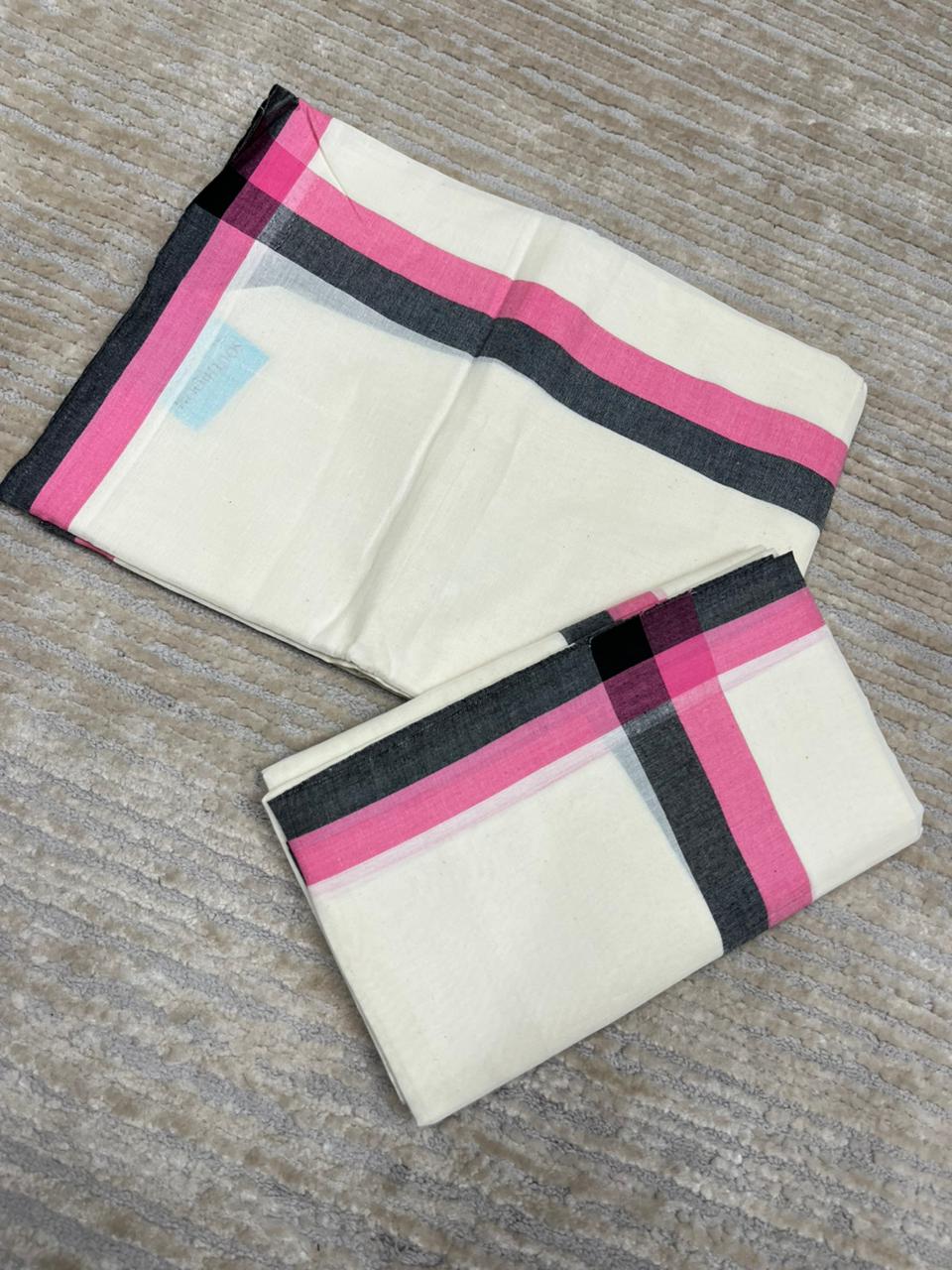 Southloom Pure Cotton Kerala Single Mulloth Set Mundu (Mundum Neriyathum) Pink And Black Border in 2.80 mtrs SL243