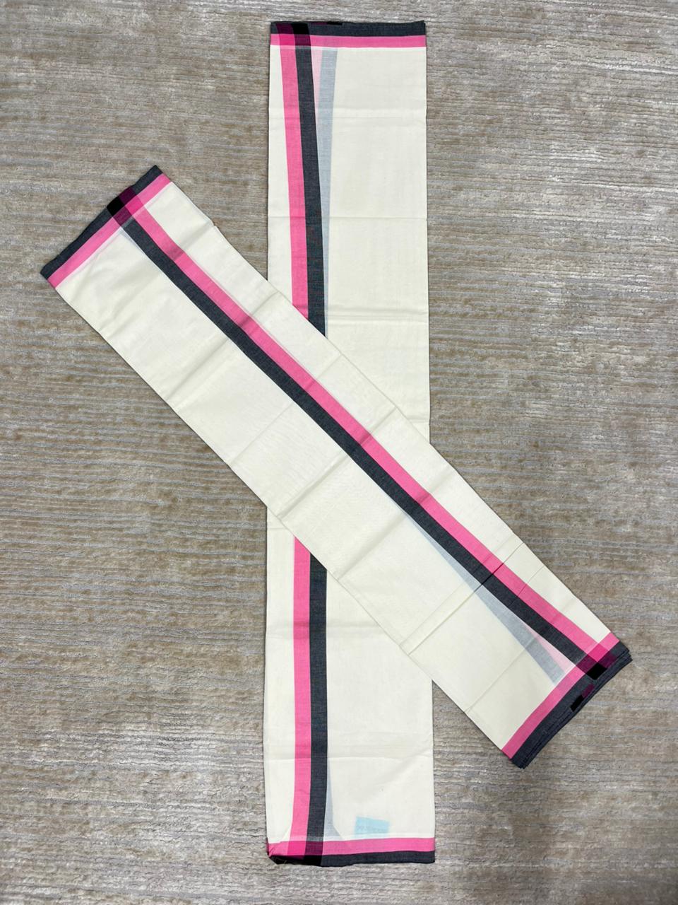 Southloom Pure Cotton Kerala Single Mulloth Set Mundu (Mundum Neriyathum) Pink And Black Border in 2.80 mtrs SL243