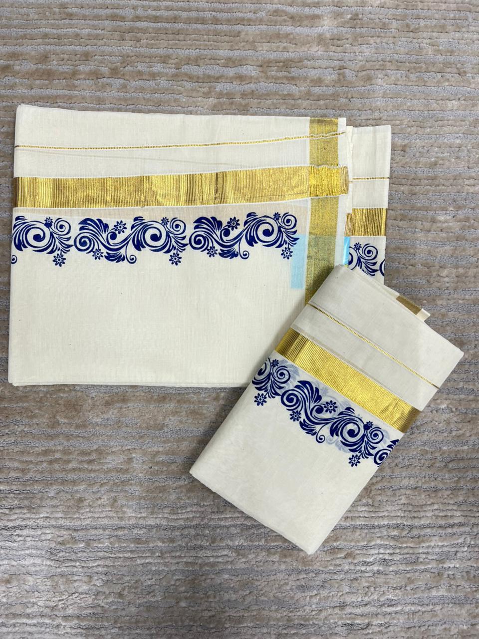 Southloom Pure Cotton Kerala Single Floral Print Set Mundu (Mundum Neriyathum) Blue Border in 2.80 mtrs SL245