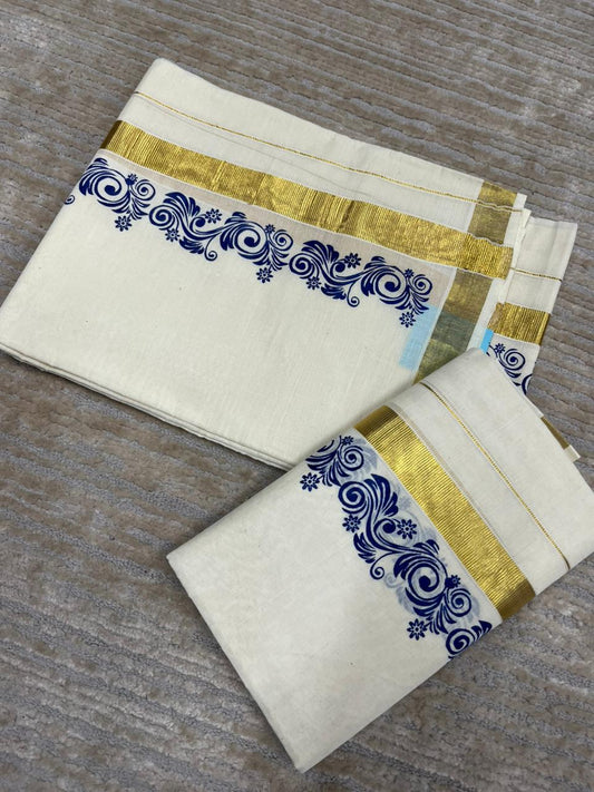 Southloom Pure Cotton Kerala Single Floral Print Set Mundu (Mundum Neriyathum) Blue Border in 2.80 mtrs SL245