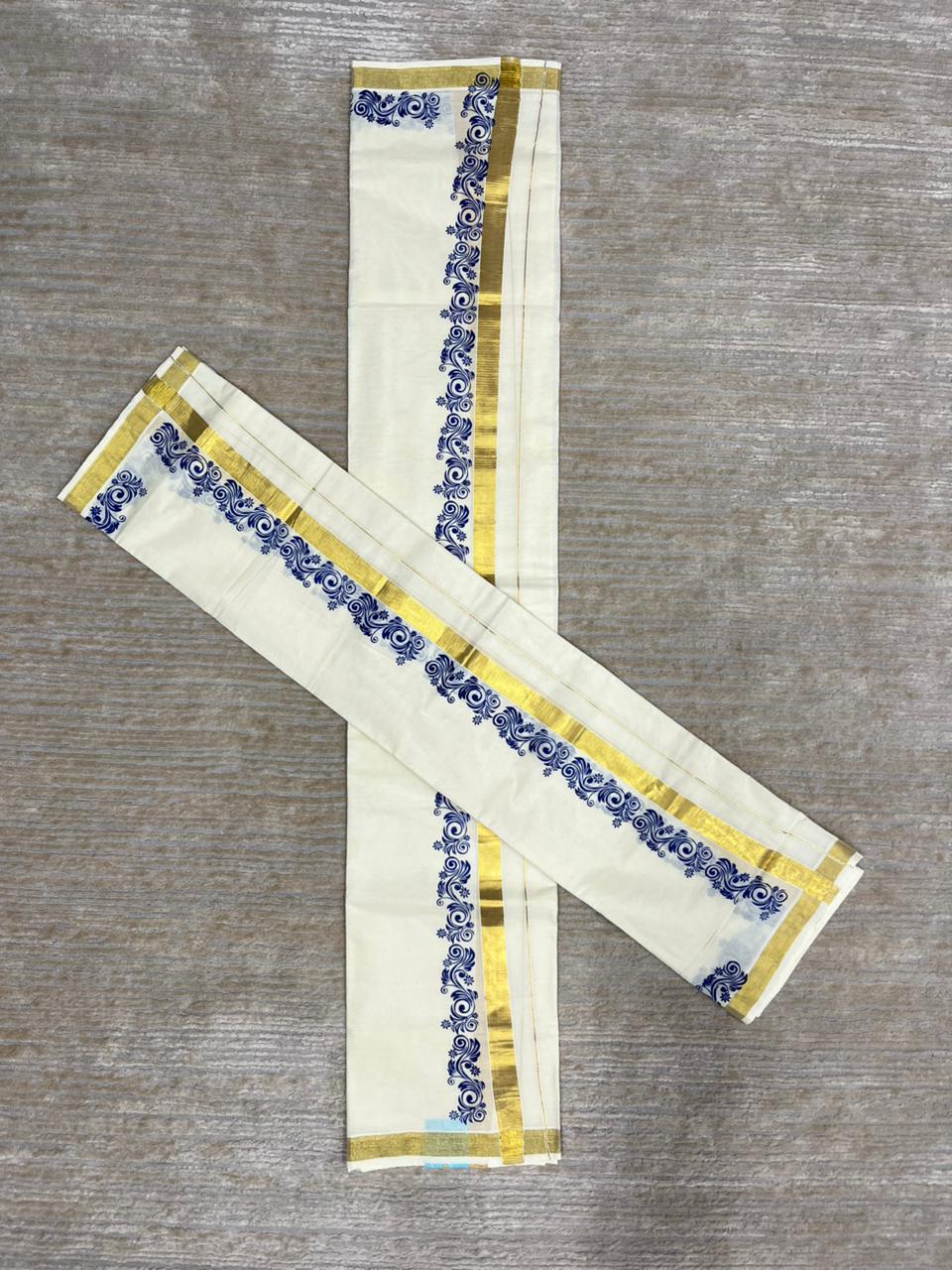 Southloom Pure Cotton Kerala Single Floral Print Set Mundu (Mundum Neriyathum) Blue Border in 2.80 mtrs SL245