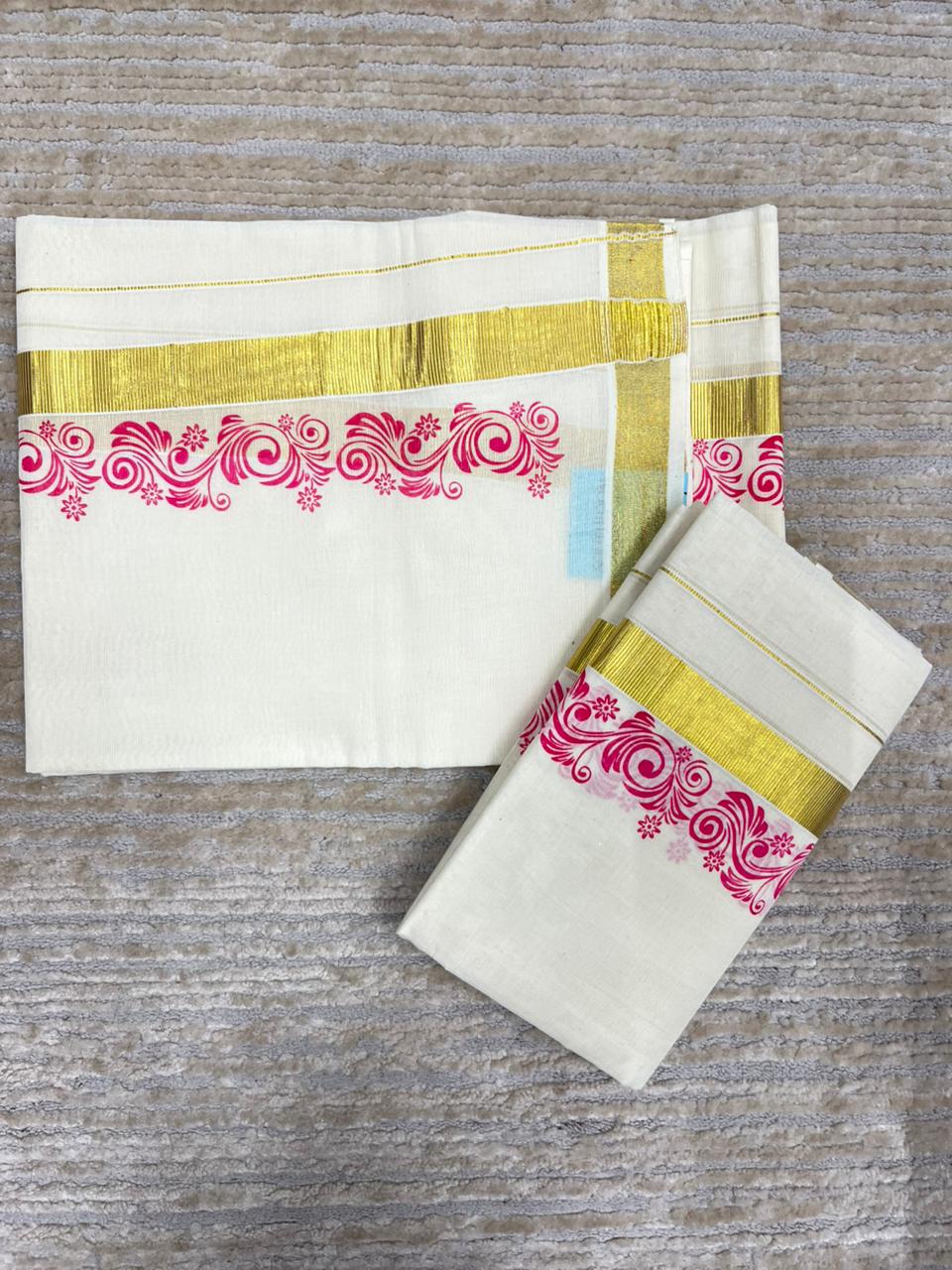 Southloom Pure Cotton Kerala Single Floral Print Set Mundu (Mundum Neriyathum) Pink Border in 2.80 mtrs SL245