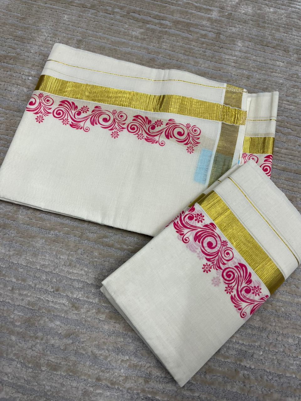 Southloom Pure Cotton Kerala Single Floral Print Set Mundu (Mundum Neriyathum) Pink Border in 2.80 mtrs SL245