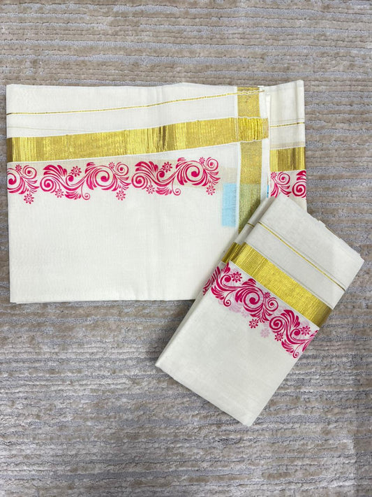 Southloom Pure Cotton Kerala Single Floral Print Set Mundu (Mundum Neriyathum) Pink Border in 2.80 mtrs SL245