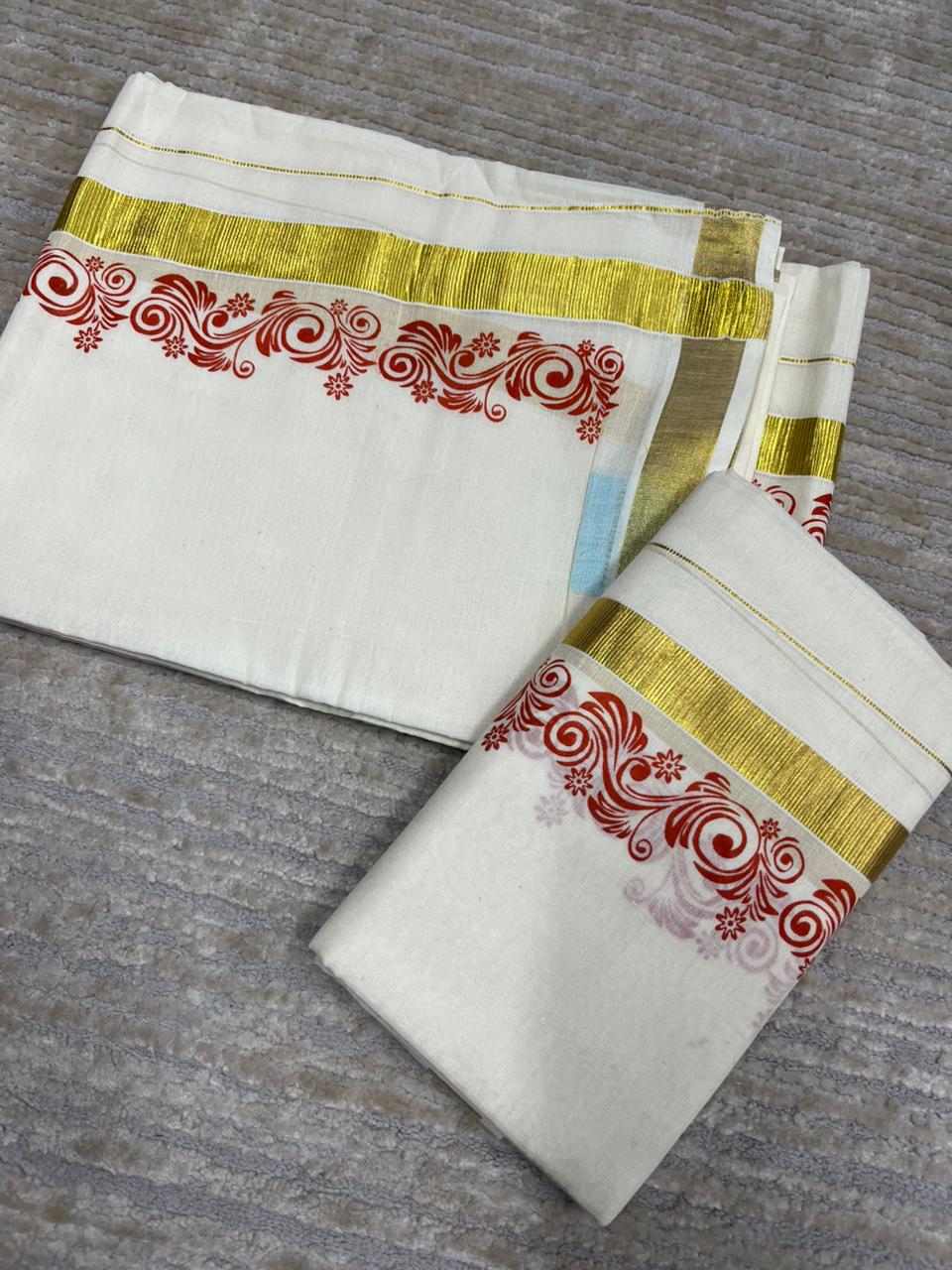 Southloom Pure Cotton Kerala Single Floral Print Set Mundu (Mundum Neriyathum) Orange Border in 2.80 mtrs SL245
