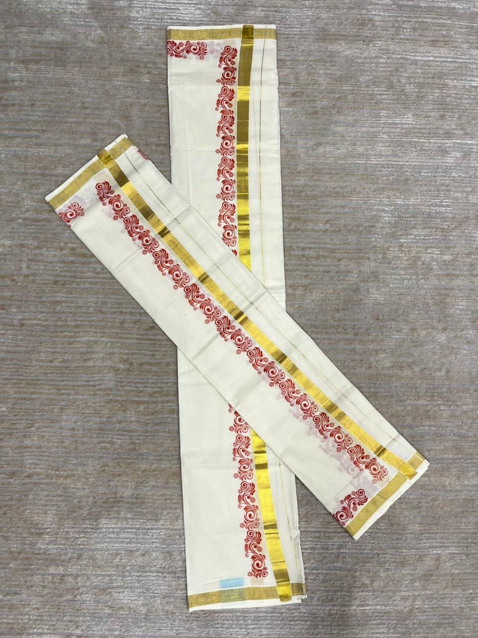 Southloom Pure Cotton Kerala Single Floral Print Set Mundu (Mundum Neriyathum) Orange Border in 2.80 mtrs SL245