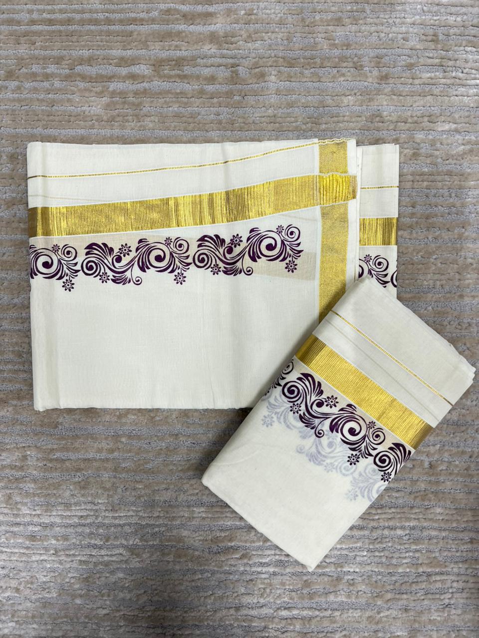 Southloom Pure Cotton Kerala Single Floral Print Set Mundu (Mundum Neriyathum) Violet Border in 2.80 mtrs SL245
